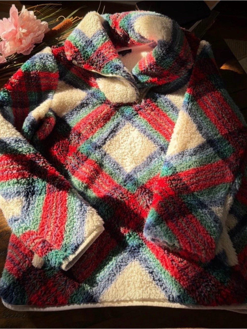Talbots Red, Green, Blue & Cream Sherpa Turtleneck Pullover
